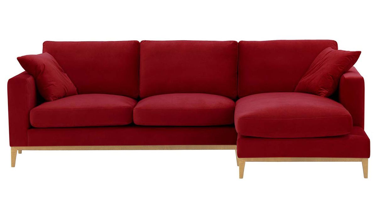 Canapé d’angle droit Covex Wood, rouge - Velluto 7, Couleur des pieds: Chêne clair