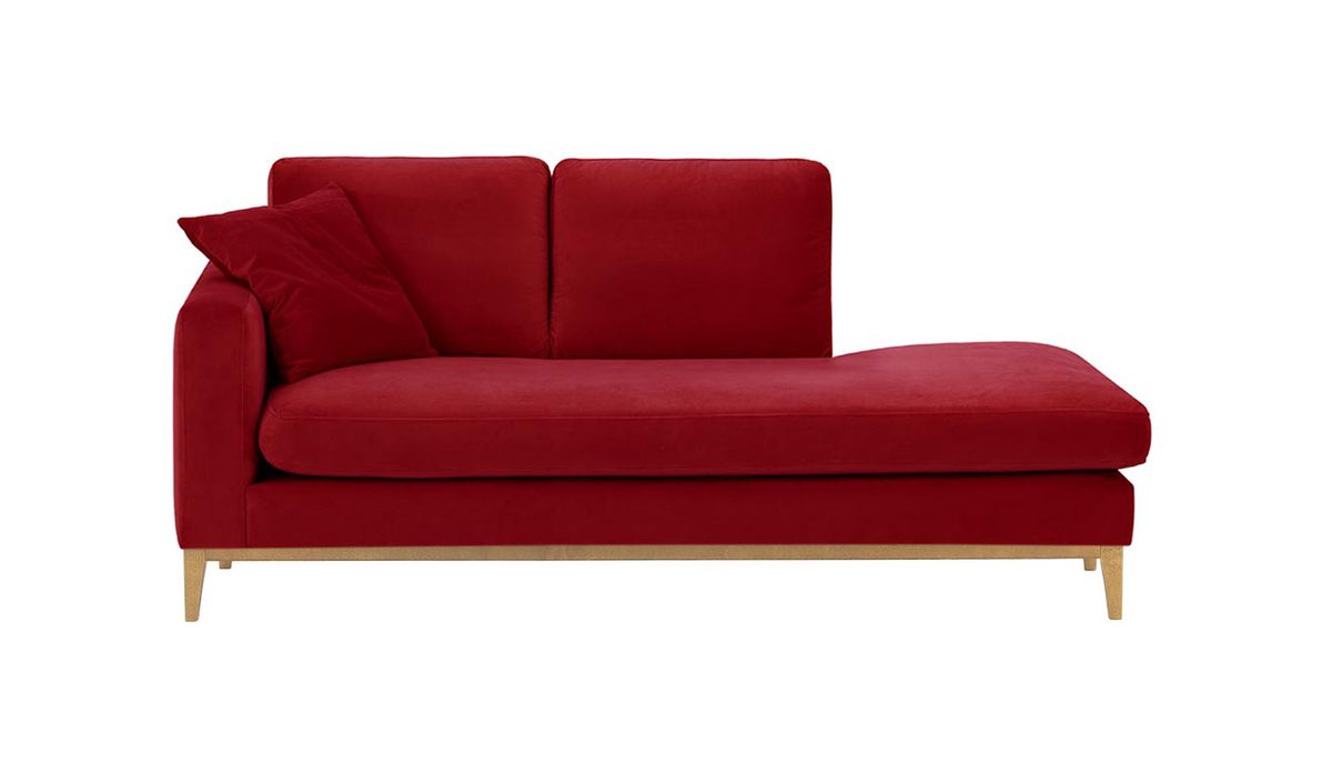 Chaise longue/divan gauche Covex Wood, rouge - Velluto 7, Couleur des pieds: Chêne clair