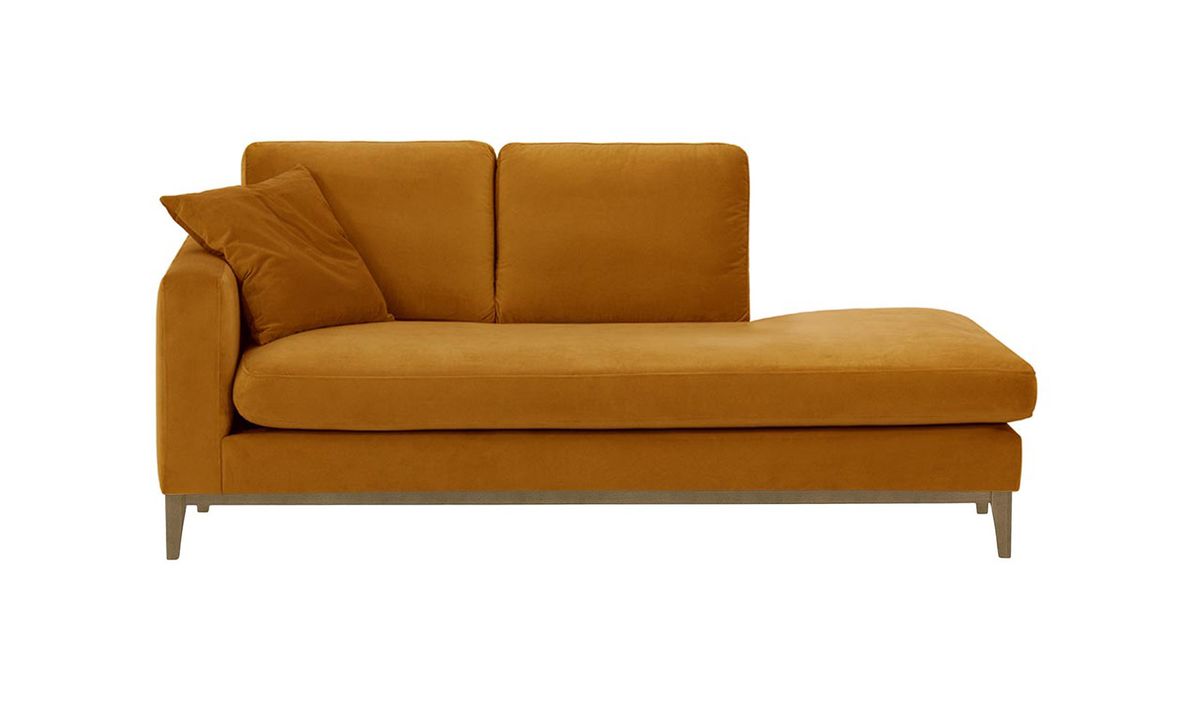 Chaise longue/divan gauche Covex Wood, moutarde - Velluto 8, Couleur des pieds: Noir wax