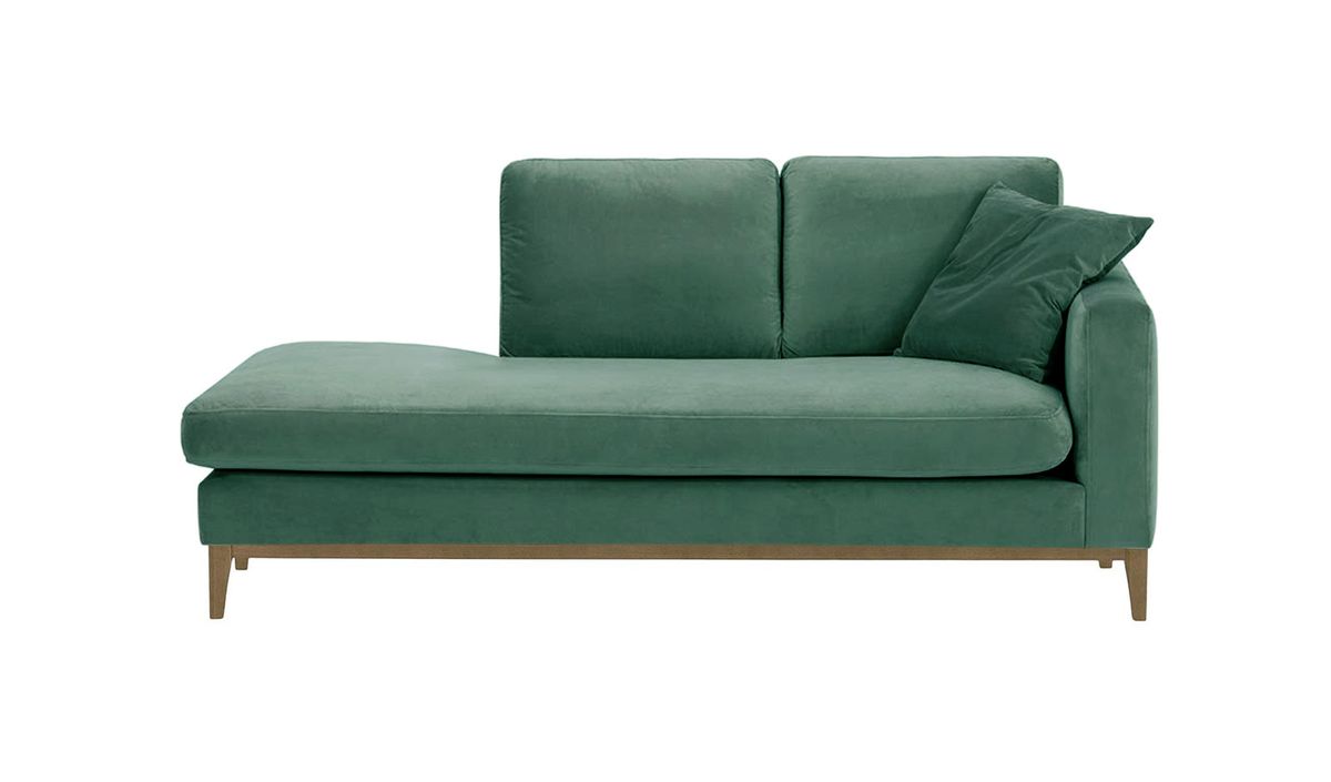 Chaise longue/divan droit Covex Wood, bleu - Velluto 12, Couleur des pieds: Noir wax