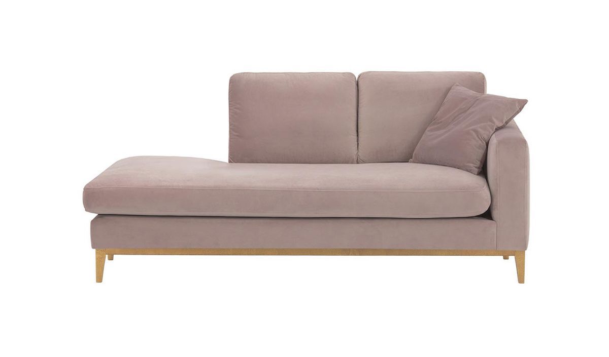 Chaise longue/divan droit Covex Wood, lila/rose - Velluto 14, Couleur des pieds: Chêne clair