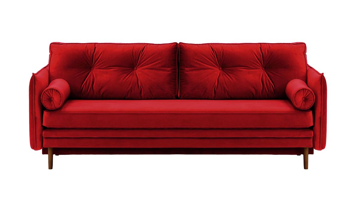 Canapé Darnet avec fonction couchage avec coffre de rangement, rouge - Velluto 7, Couleur des pieds: Chêne foncé