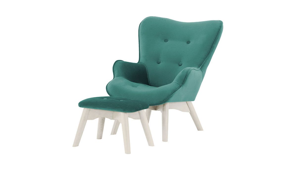 Fauteuil à oreilles pour enfants avec repose-pied Ducan Mini Velvet, bleu ciel - Kronos 12, Couleur des pieds: Blanc