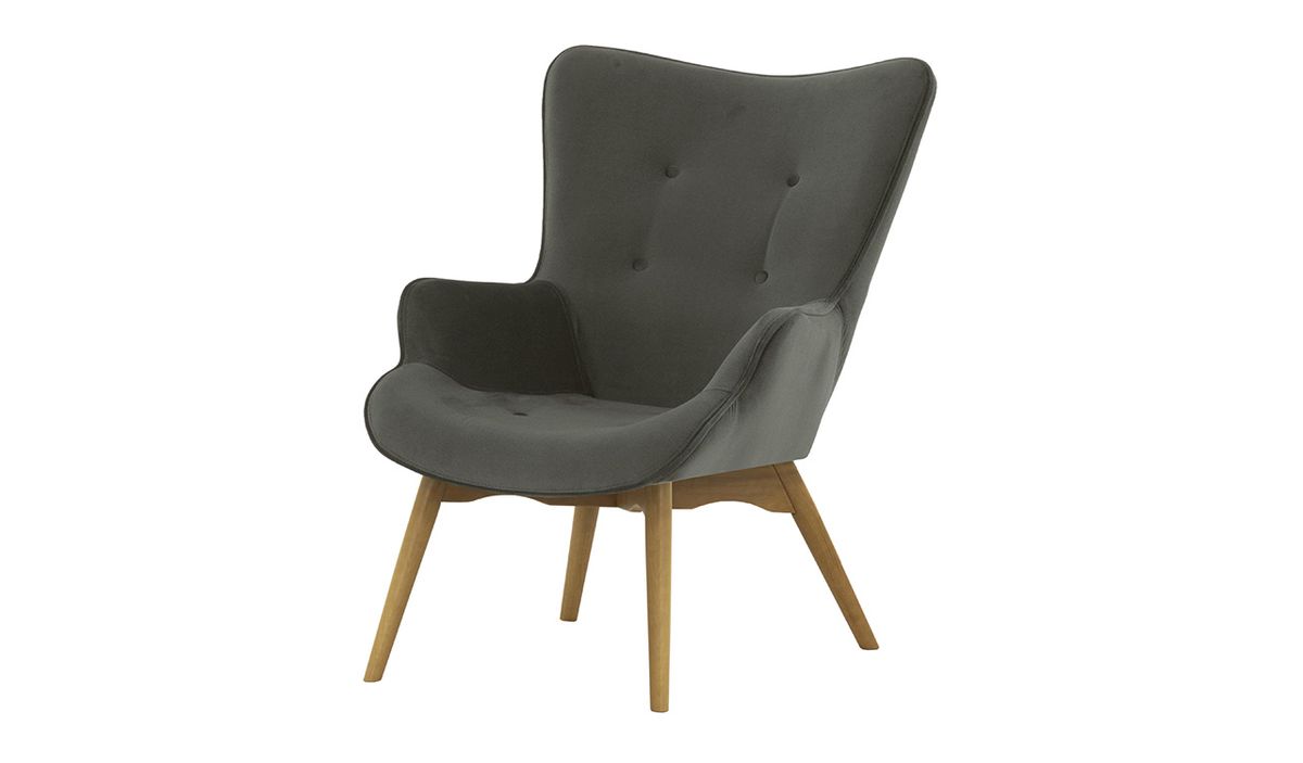 Fauteuil Ducan Velvet, gris - Kronos 22, Couleur des pieds: Chêne clair