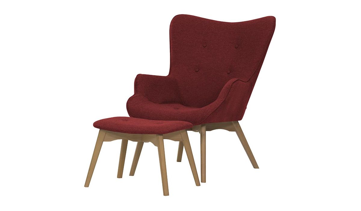Fauteuil à oreilles avec repose-pied Ducan Malmo, bordeaux - Malmo 63, Couleur des pieds: Chêne clair