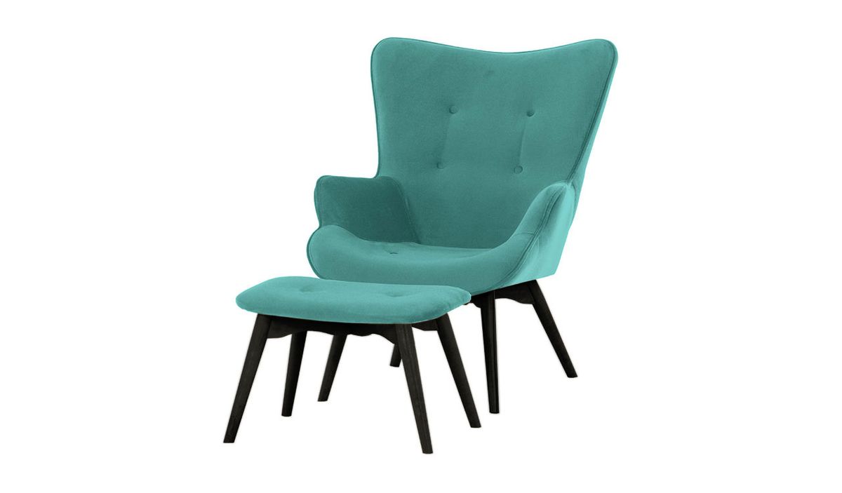 Fauteuil à oreilles avec repose-pied Ducan Velvet, bleu ciel - Kronos 12, Couleur des pieds: Noir