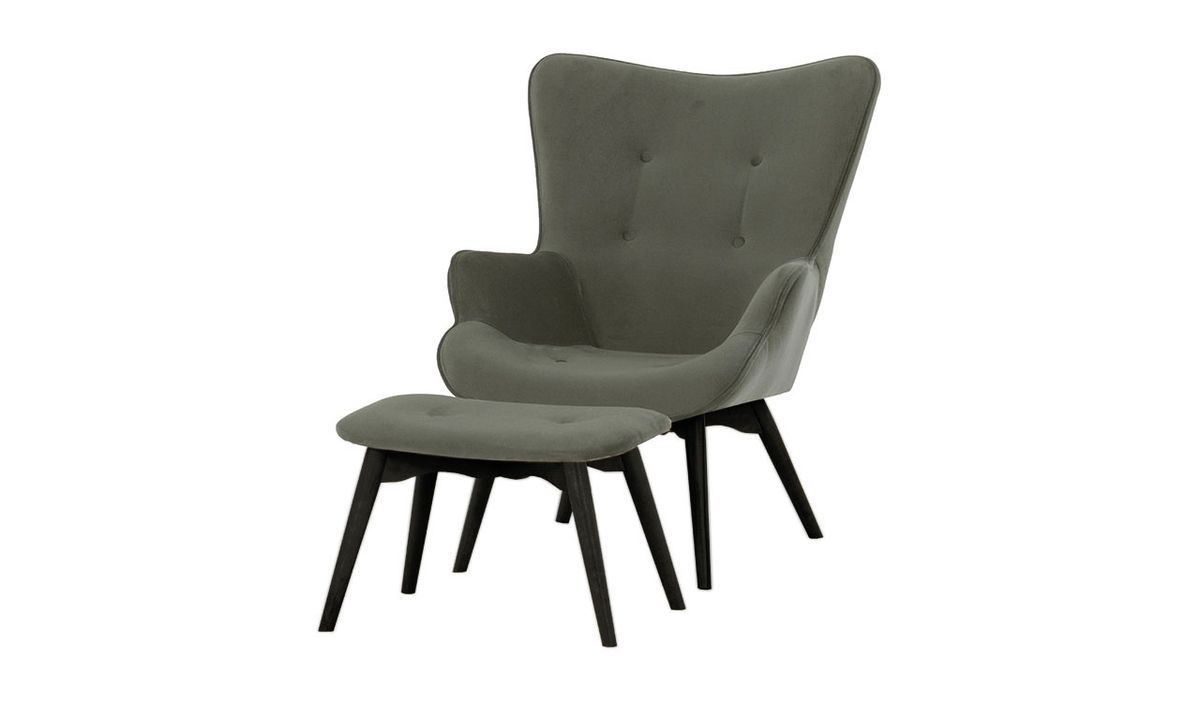 Fauteuil à oreilles avec repose-pied Ducan Velvet, gris - Kronos 22, Couleur des pieds: Noir