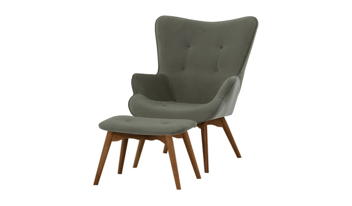 Fauteuil à oreilles avec repose-pied Ducan Velvet, gris - Kronos 22, Couleur des pieds: Chêne foncé