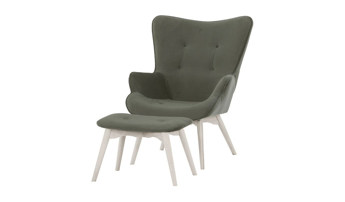 Fauteuil à oreilles avec repose-pied Ducan Velvet, gris - Kronos 22, Couleur des pieds: Blanc