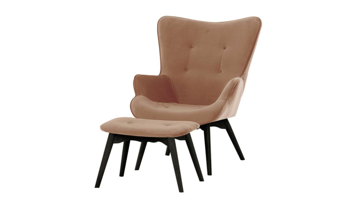 Fauteuil à oreilles avec repose-pied Ducan Velvet, rose delavé - Kronos 29, Couleur des pieds: Noir