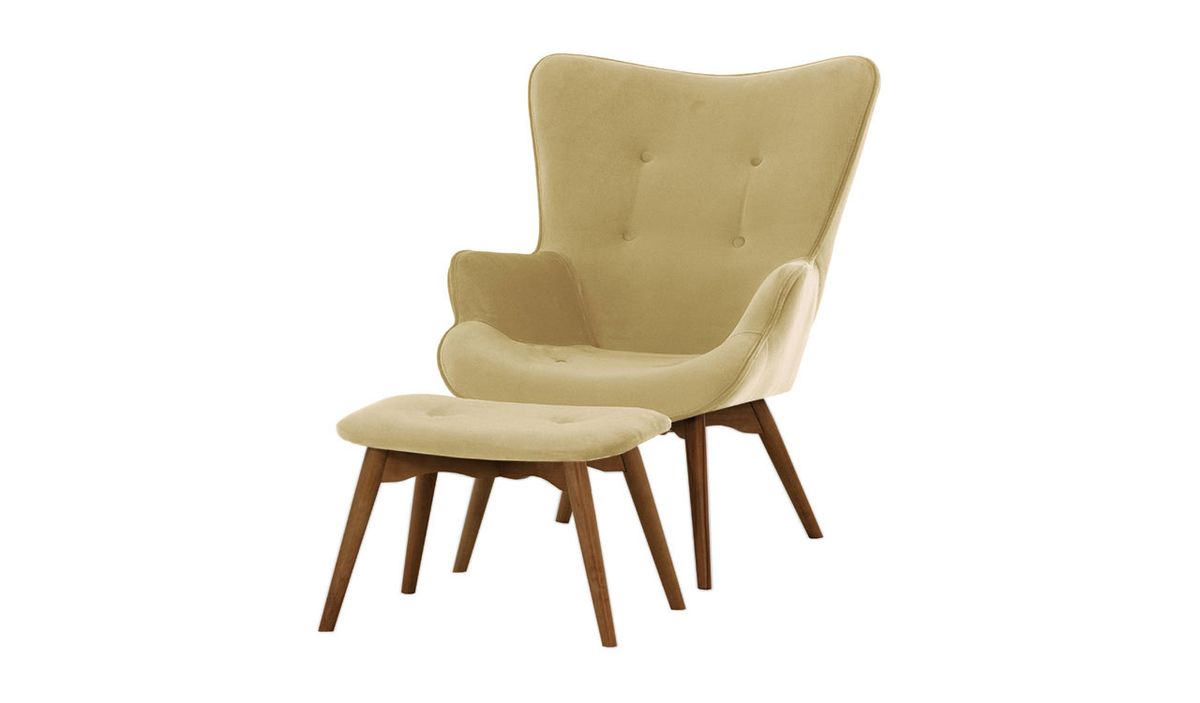 Fauteuil à oreilles avec repose-pied Ducan Velvet, crème - Kronos 35, Couleur des pieds: Chêne foncé