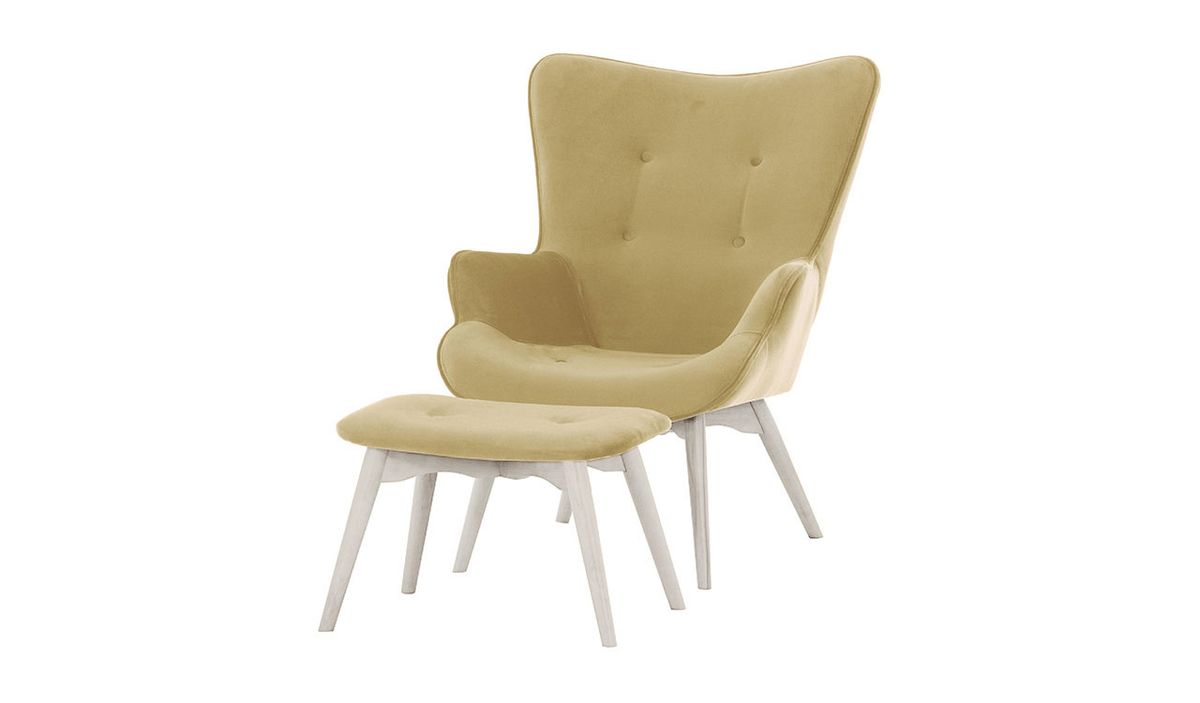 Fauteuil à oreilles avec repose-pied Ducan Velvet, crème - Kronos 35, Couleur des pieds: Blanc