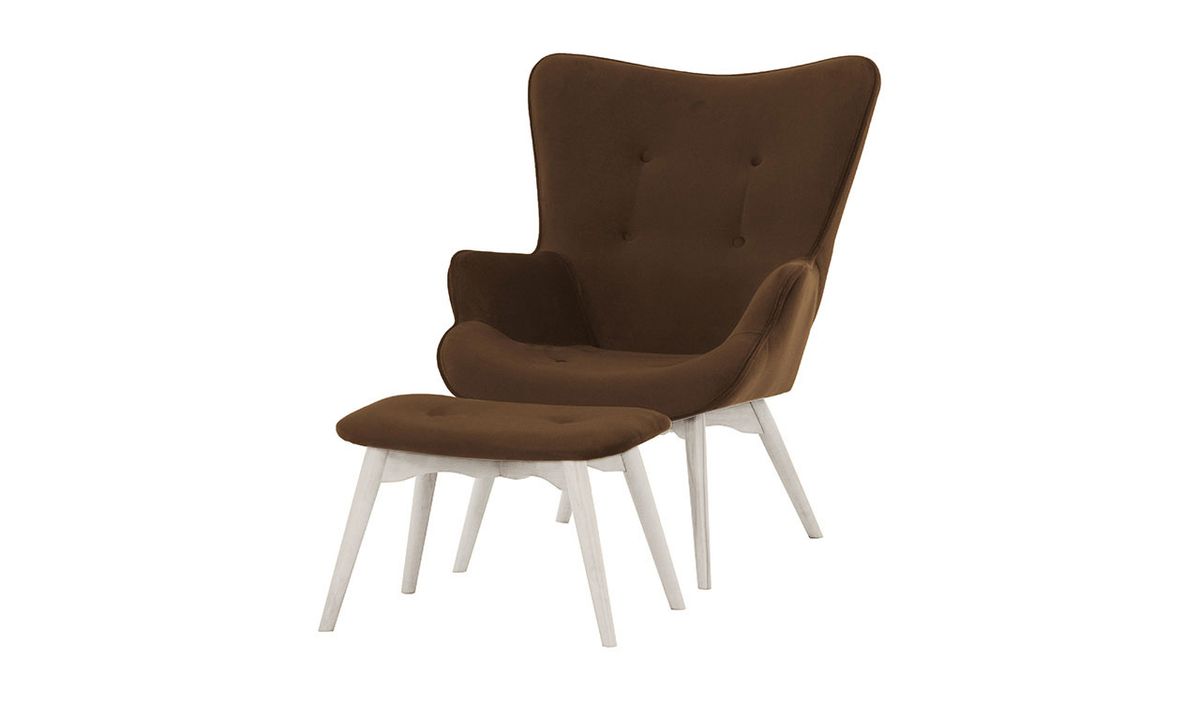 Fauteuil à oreilles avec repose-pied Ducan Velvet, marron - Kronos 6, Couleur des pieds: Blanc