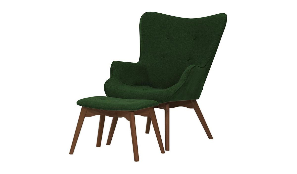 Fauteuil à oreilles avec repose-pied Ducan Malmo, vert foncé - Malmo 37, Couleur des pieds: Chêne foncé