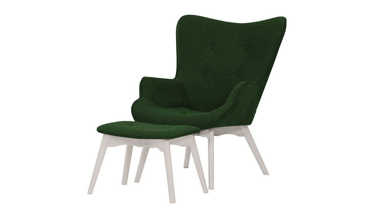 Fauteuil à oreilles avec repose-pied Ducan Malmo, vert foncé - Malmo 37, Couleur des pieds: Blanc