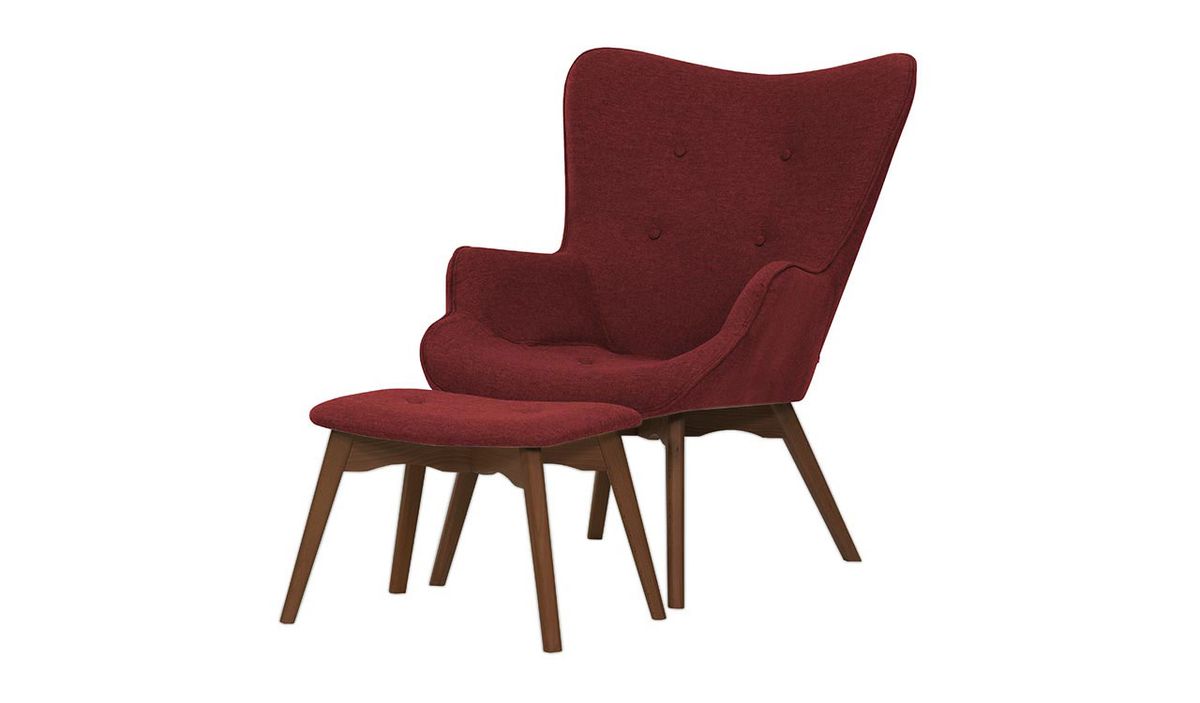 Fauteuil à oreilles avec repose-pied Ducan Malmo, bordeaux - Malmo 63, Couleur des pieds: Chêne foncé