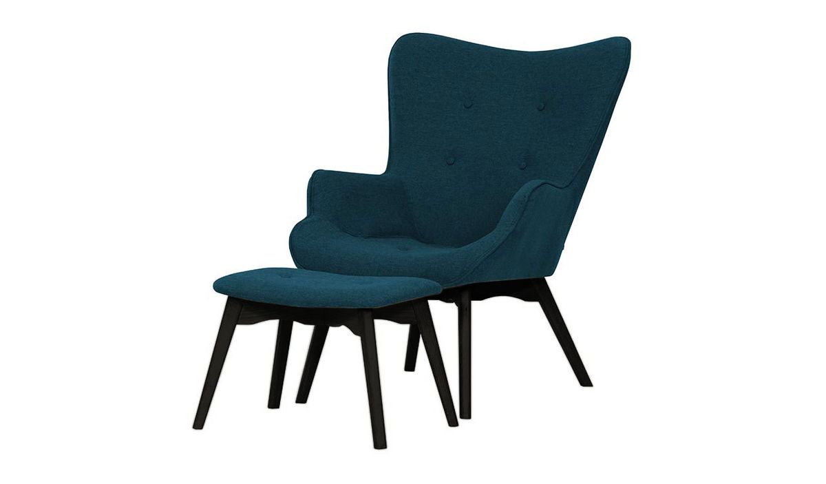 Fauteuil à oreilles avec repose-pied Ducan Malmo, bleu foncé - Malmo 81, Couleur des pieds: Noir
