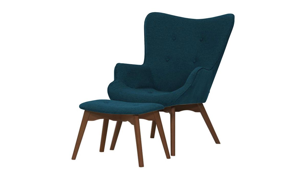 Fauteuil à oreilles avec repose-pied Ducan Malmo, bleu foncé - Malmo 81, Couleur des pieds: Chêne foncé