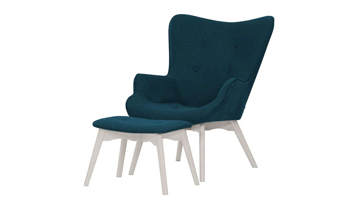 Fauteuil à oreilles avec repose-pied Ducan Malmo, bleu foncé - Malmo 81, Couleur des pieds: Blanc