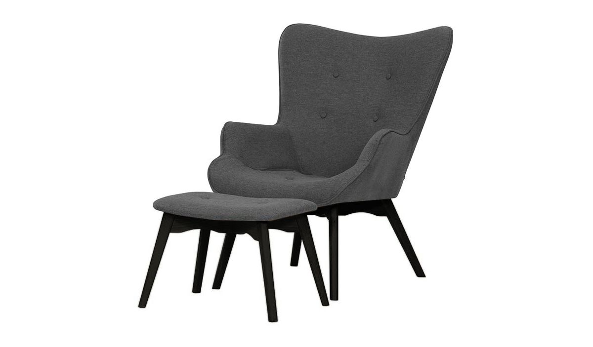 Fauteuil à oreilles avec repose-pied Ducan Malmo, gris foncé - Malmo 95, Couleur des pieds: Noir