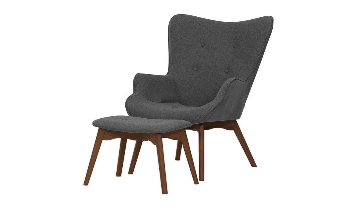 Fauteuil à oreilles avec repose-pied Ducan Malmo, gris foncé - Malmo 95, Couleur des pieds: Chêne foncé