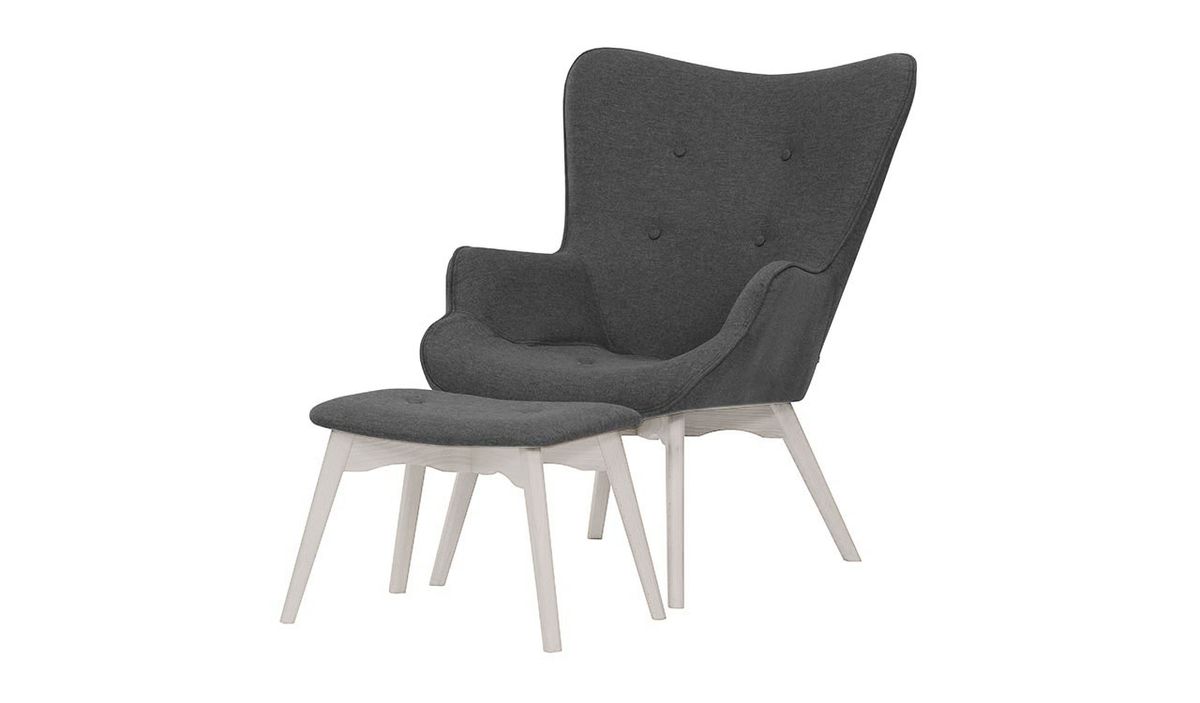 Fauteuil à oreilles avec repose-pied Ducan Malmo, gris foncé - Malmo 95, Couleur des pieds: Blanc