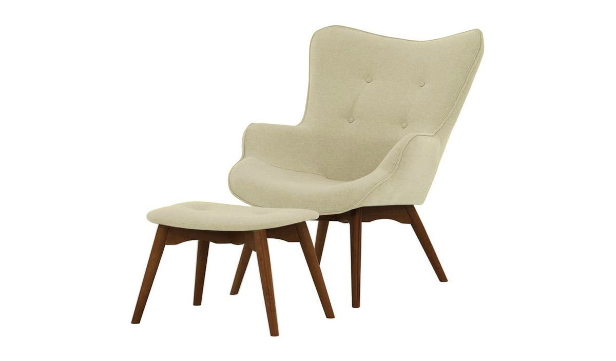 Fauteuil à oreilles avec repose-pied Ducan Ontario, crème - Baku 15, Couleur des pieds: Chêne foncé