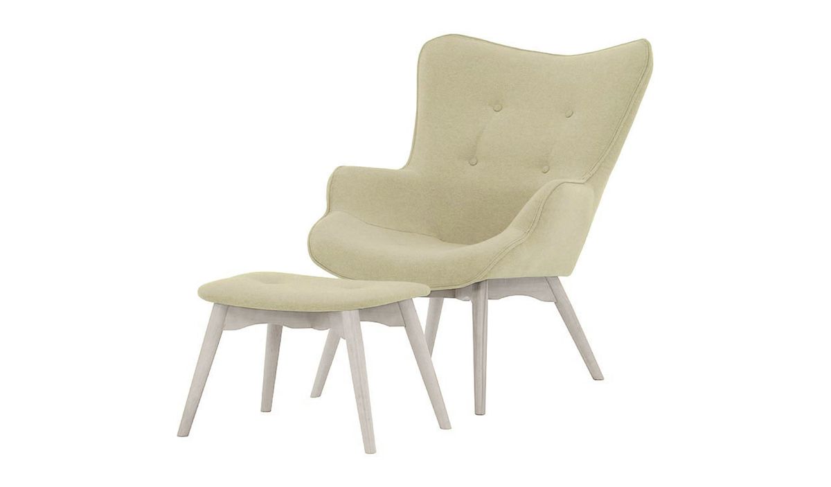 Fauteuil à oreilles avec repose-pied Ducan Ontario, crème - Baku 15, Couleur des pieds: Blanc