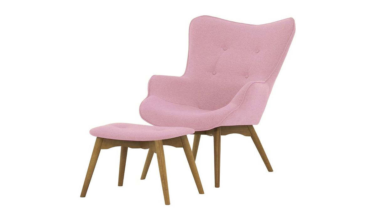 Fauteuil à oreilles avec repose-pied Ducan Ontario, Violet - Baku 16, Couleur des pieds: Chêne clair
