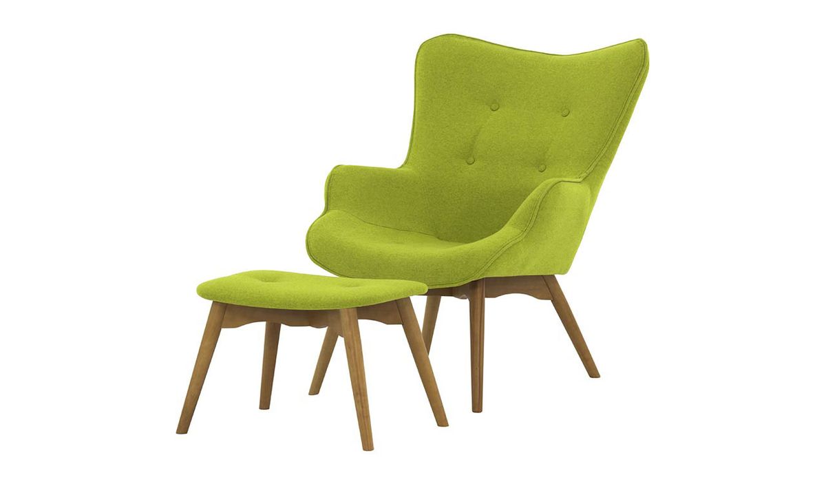 Fauteuil à oreilles avec repose-pied Ducan Ontario, vert citron - Baku 7, Couleur des pieds: Chêne clair