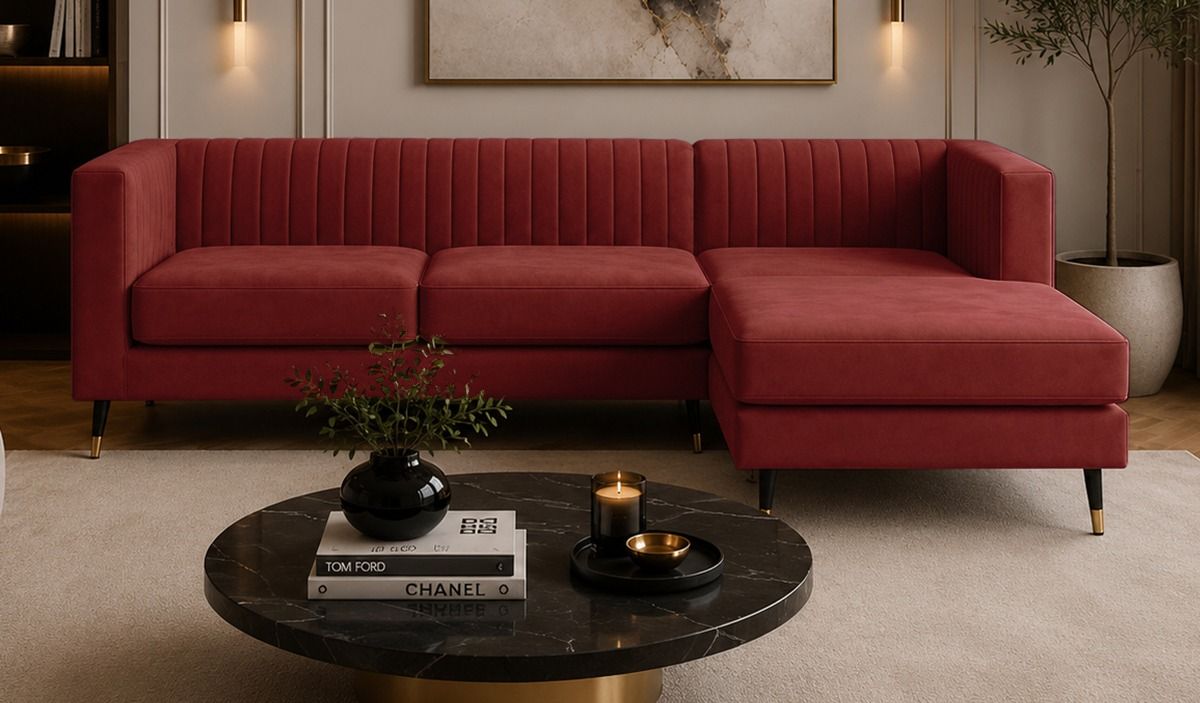 Grand canapé d’angle droit Slender, Matt Velour Rust Red - rouge foncé