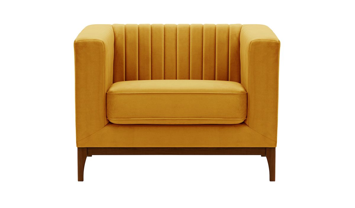 Fauteuil Slender Wood, moutarde - Velluto 8, Couleur des pieds: Chêne foncé