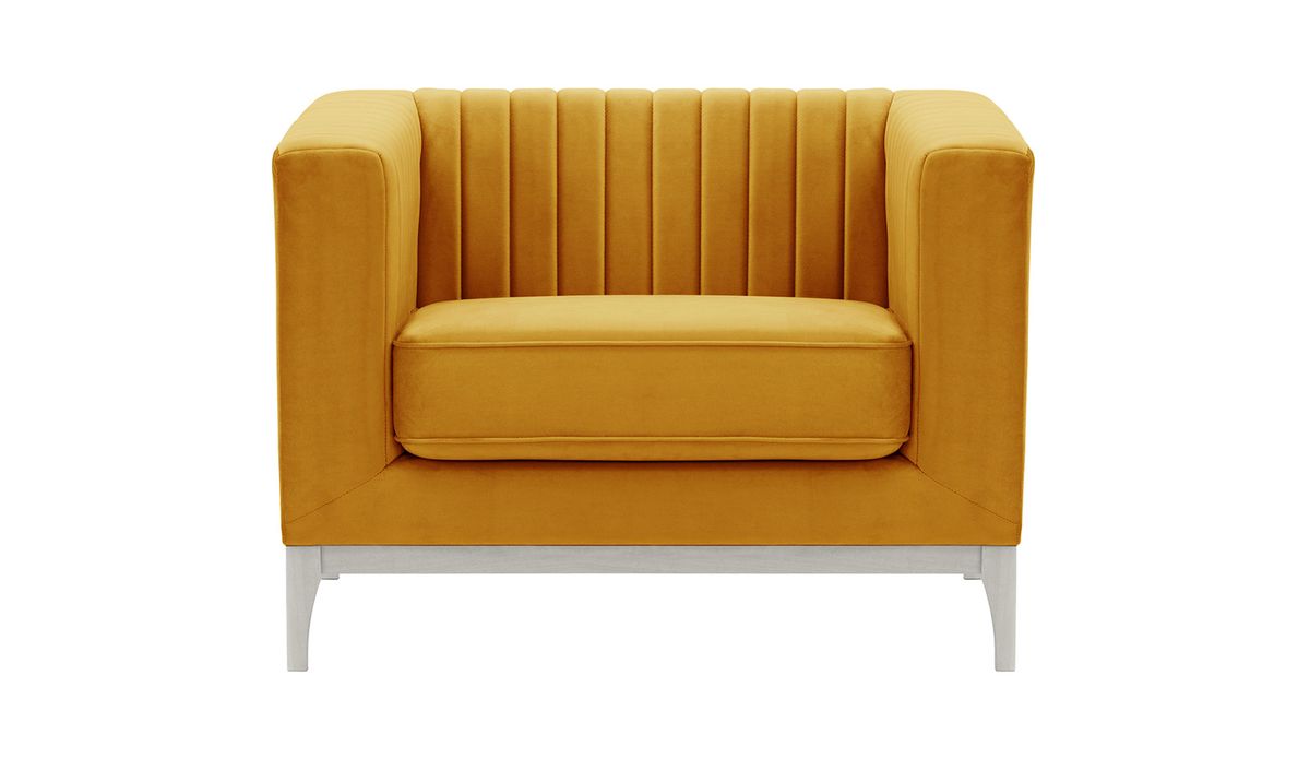 Fauteuil Slender Wood, moutarde - Velluto 8, Couleur des pieds: Blanc