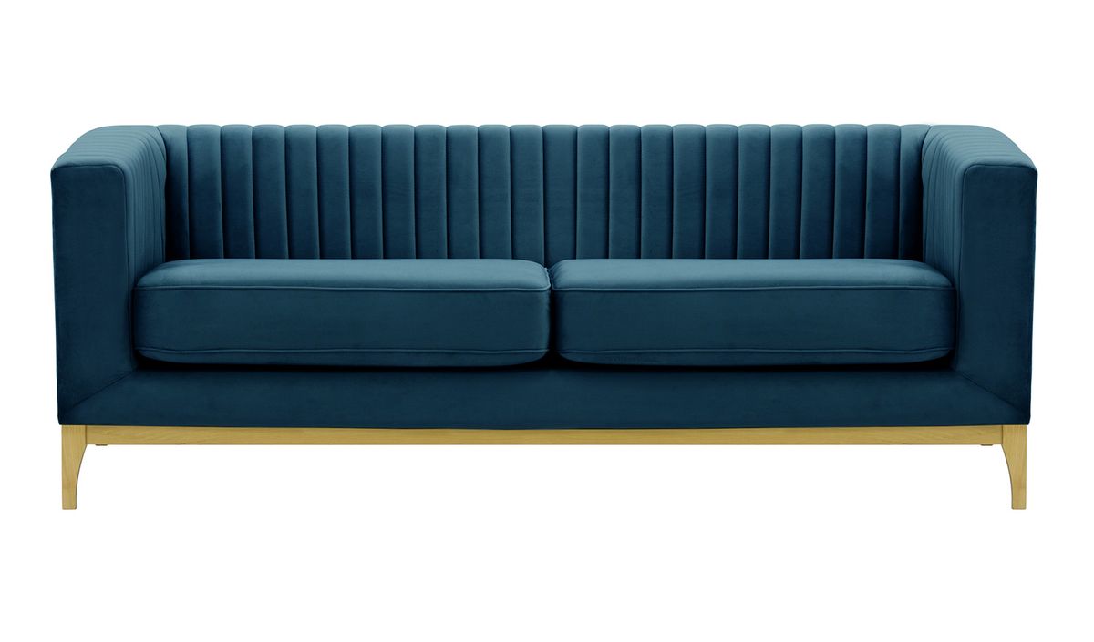 Canapé trois places Slender Wood, bleu - Velluto 11, Couleur des pieds: Chêne clair