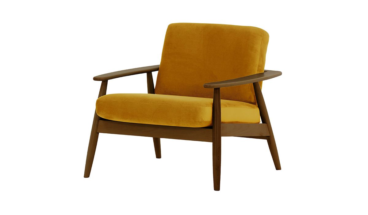 Fauteuil Demure, moutarde - Velluto 8, Couleur des pieds: Chêne foncé