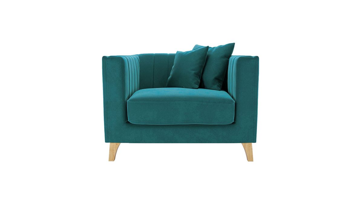 Fauteuil Barra, Velluto 36 - Bleu paon, Couleur des pieds: Chêne clair