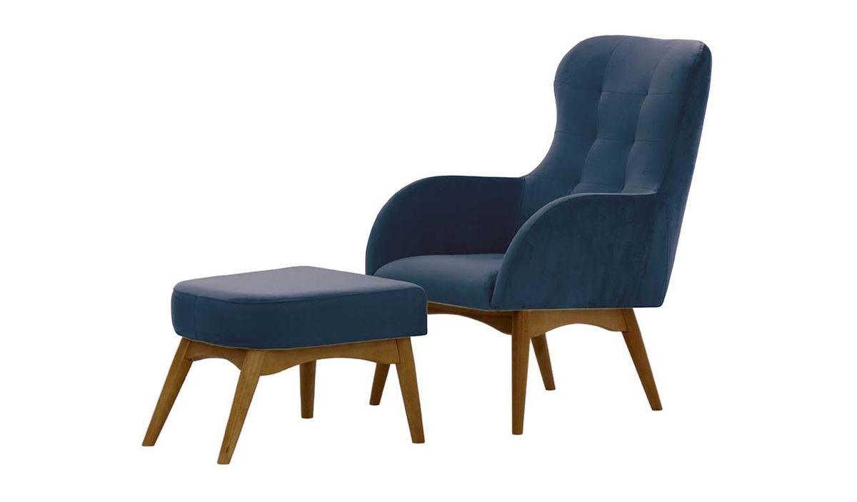 Fauteuil à oreilles avec repose-pied Hollis, bleu - Velluto 11, Couleur des pieds: Chêne foncé