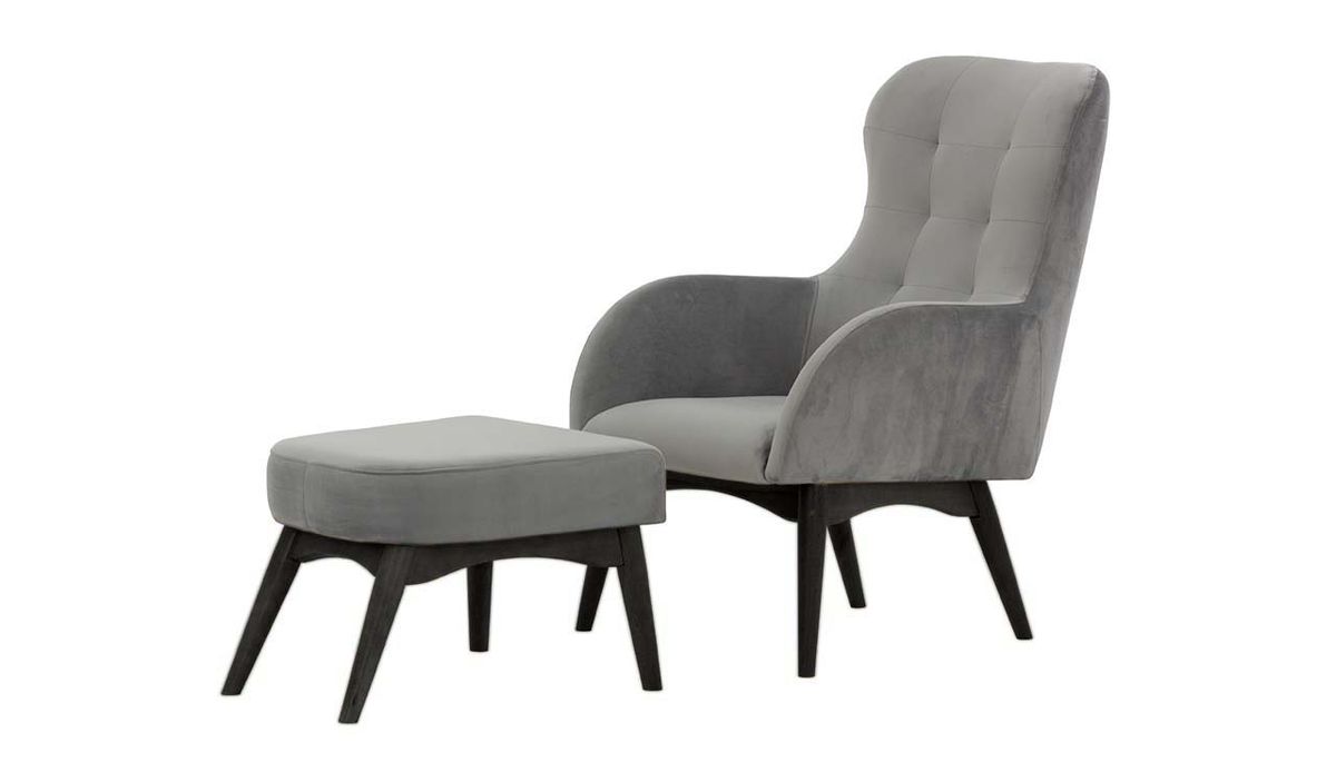 Fauteuil à oreilles avec repose-pied Hollis, gris clair - Velluto 15, Couleur des pieds: Noir