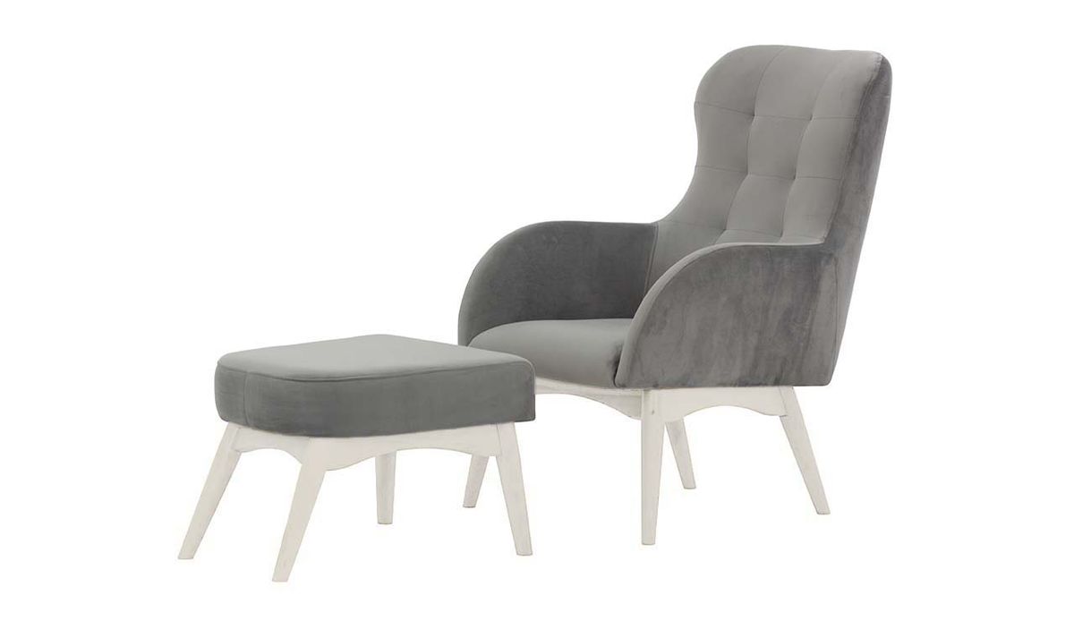 Fauteuil à oreilles avec repose-pied Hollis, gris clair - Velluto 15, Couleur des pieds: Blanc