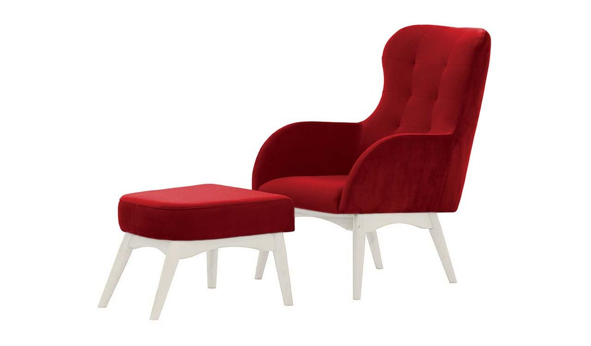 Fauteuil à oreilles avec repose-pied Hollis, rouge - Velluto 7, Couleur des pieds: Blanc