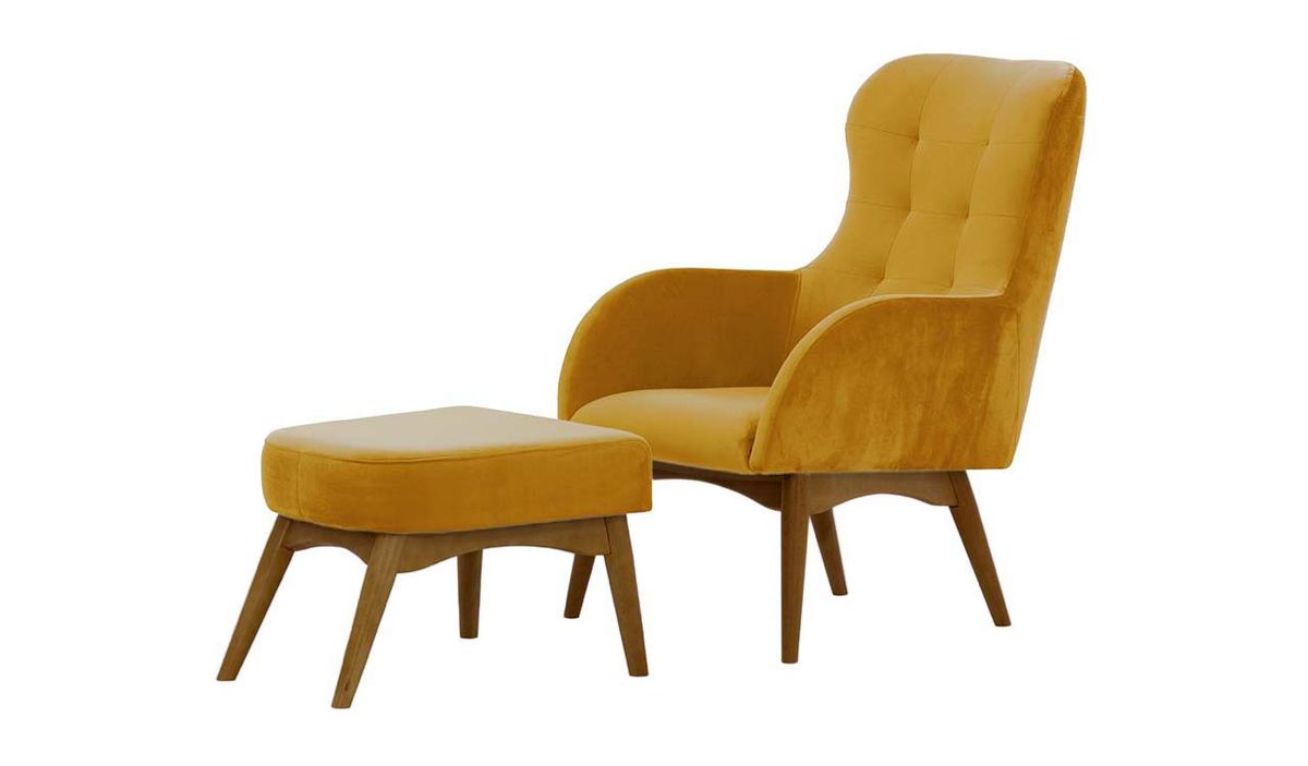 Fauteuil à oreilles avec repose-pied Hollis, moutarde - Velluto 8, Couleur des pieds: Chêne foncé