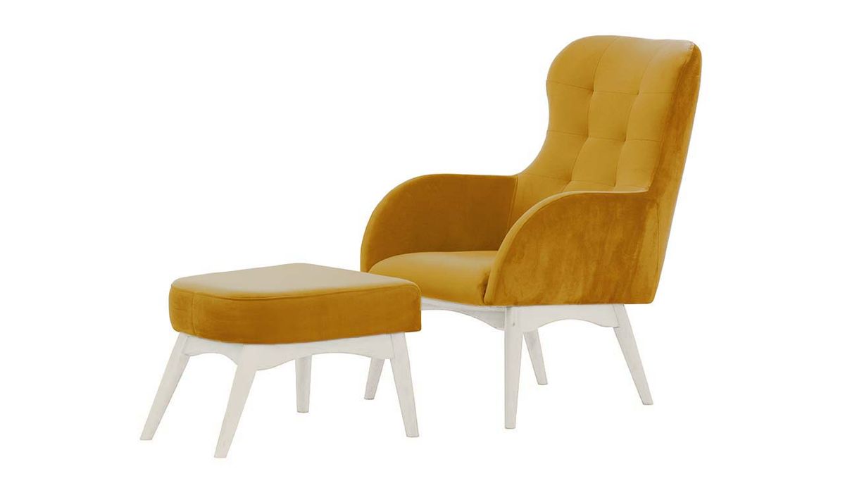 Fauteuil à oreilles avec repose-pied Hollis, moutarde - Velluto 8, Couleur des pieds: Blanc