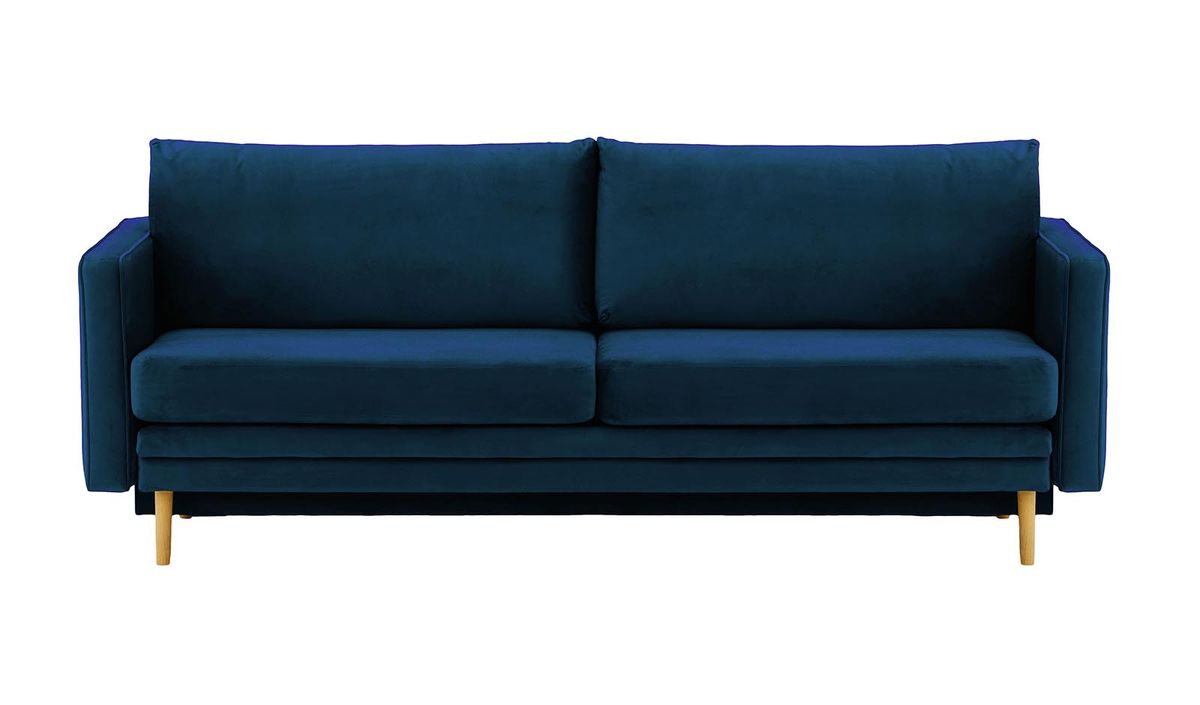 Canapé Lioni avec fonction lit avec coffre de rangement, bleu - Velluto 11, Couleur des pieds: Chêne clair