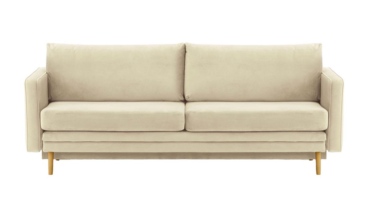 Canapé Lioni avec fonction lit avec coffre de rangement, beige clair - Velluto 2, Couleur des pieds: Chêne clair
