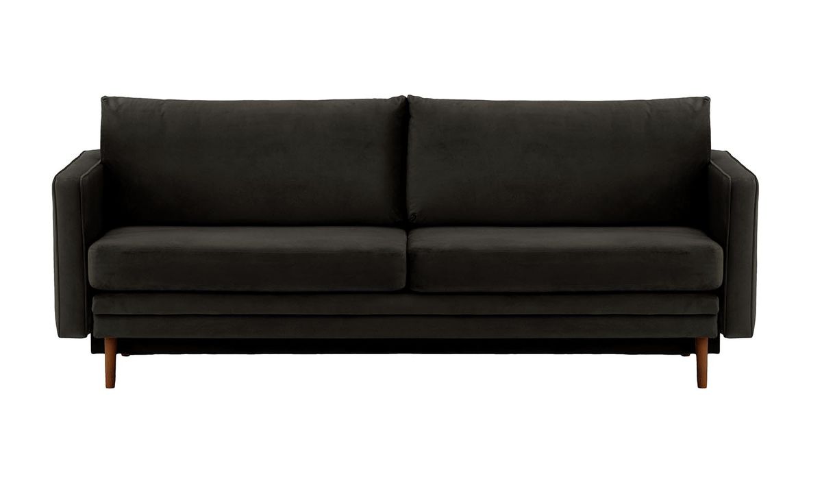 Canapé Lioni avec fonction lit avec coffre de rangement, noir - Velluto 20, Couleur des pieds: Chêne foncé