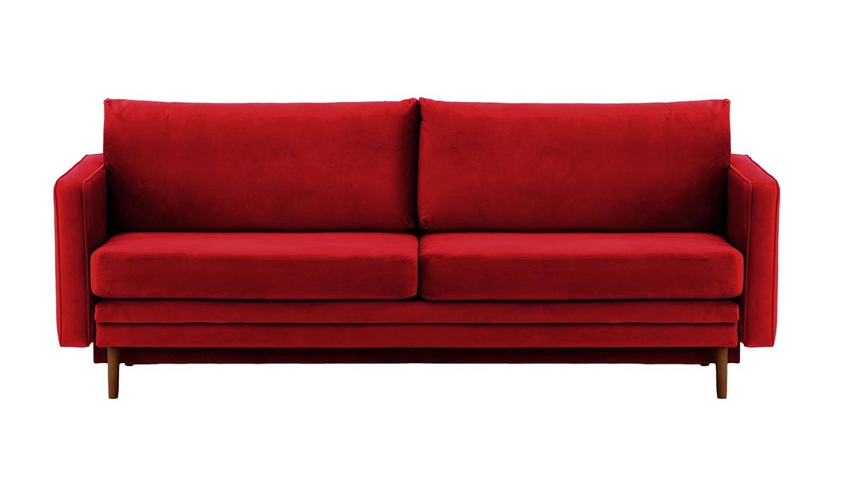Canapé Lioni avec fonction lit avec coffre de rangement, rouge - Velluto 7, Couleur des pieds: Chêne foncé