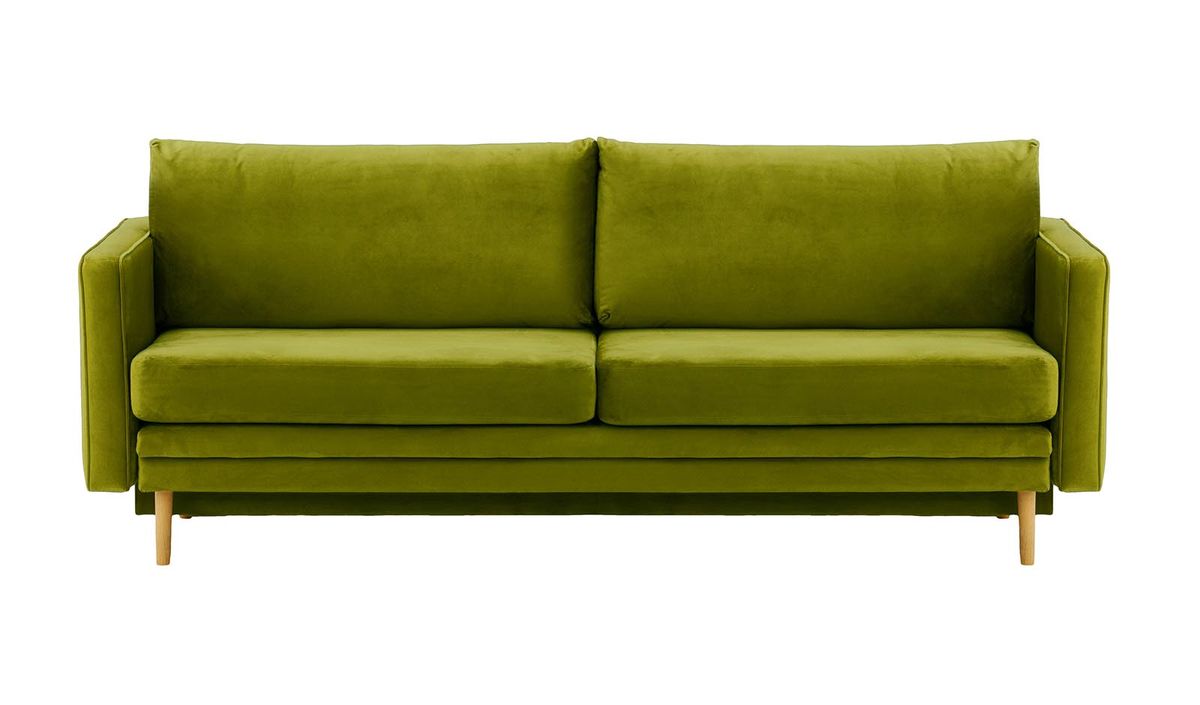 Canapé Lioni avec fonction lit avec coffre de rangement, olive - Velluto 9, Couleur des pieds: Chêne clair