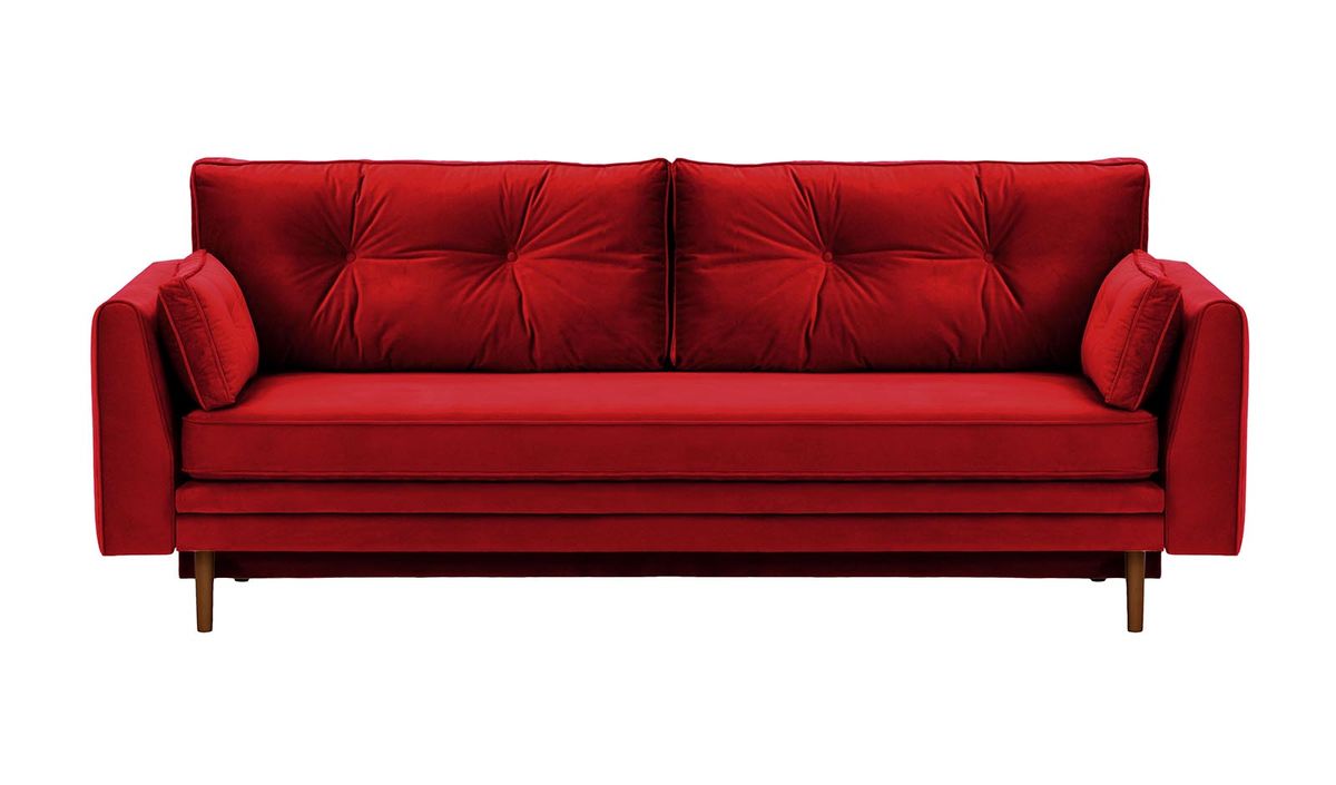 Canapé convertible avec coffre de rangement Magnus, rouge - Velluto 7, Couleur des pieds: Chêne foncé