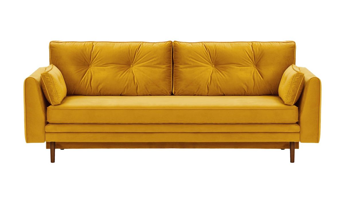 Canapé convertible avec coffre de rangement Magnus, moutarde - Velluto 8, Couleur des pieds: Chêne foncé