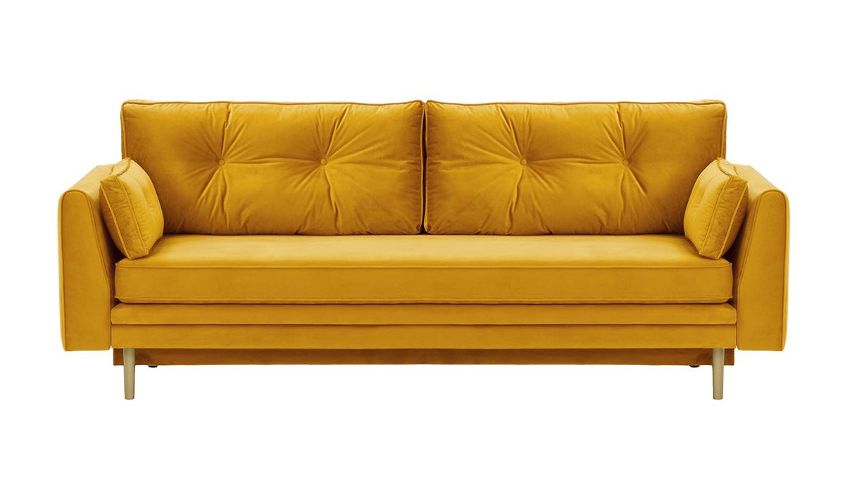 Canapé convertible avec coffre de rangement Magnus, moutarde - Velluto 8, Couleur des pieds: Noir wax
